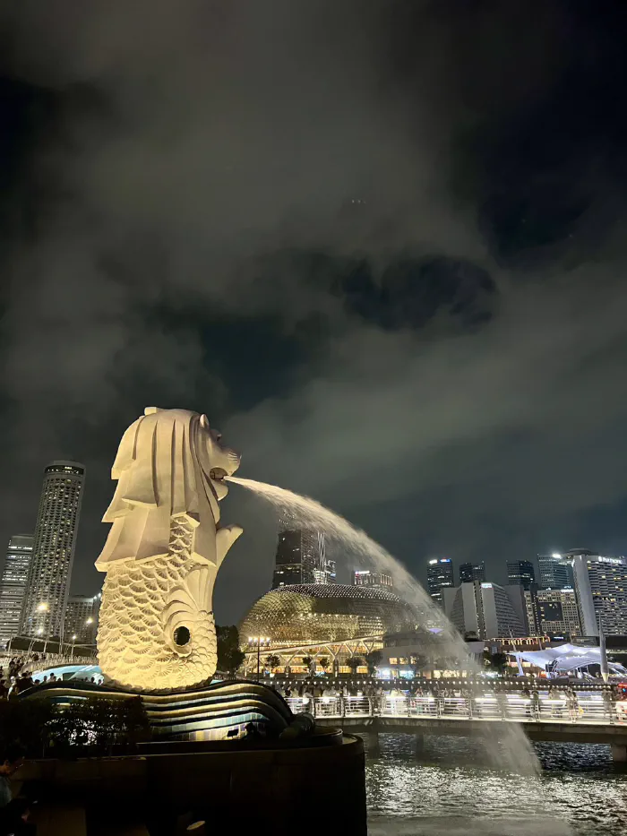 ライトアップされ水を噴き出す夜のマーライオン像