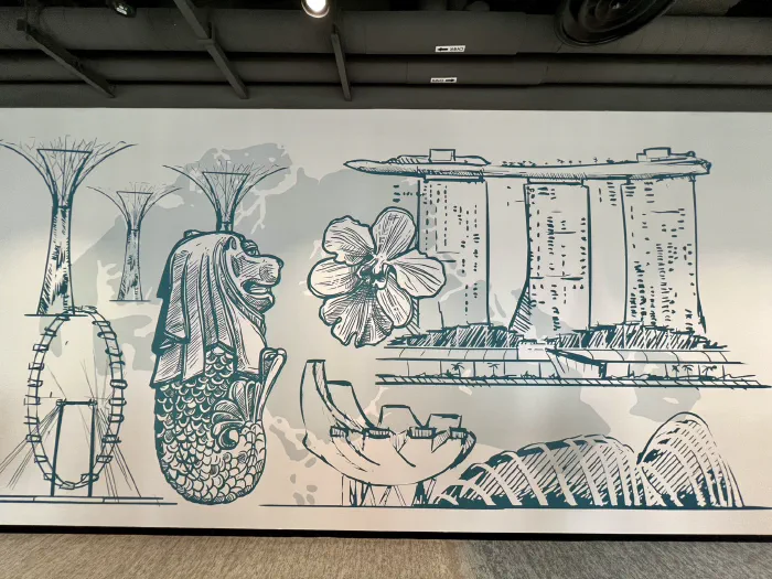 シンガポールの名所を線画で描いたオフィスの壁画